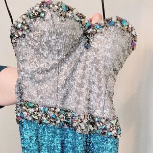 Formal blue sequined dress with bedazzlement